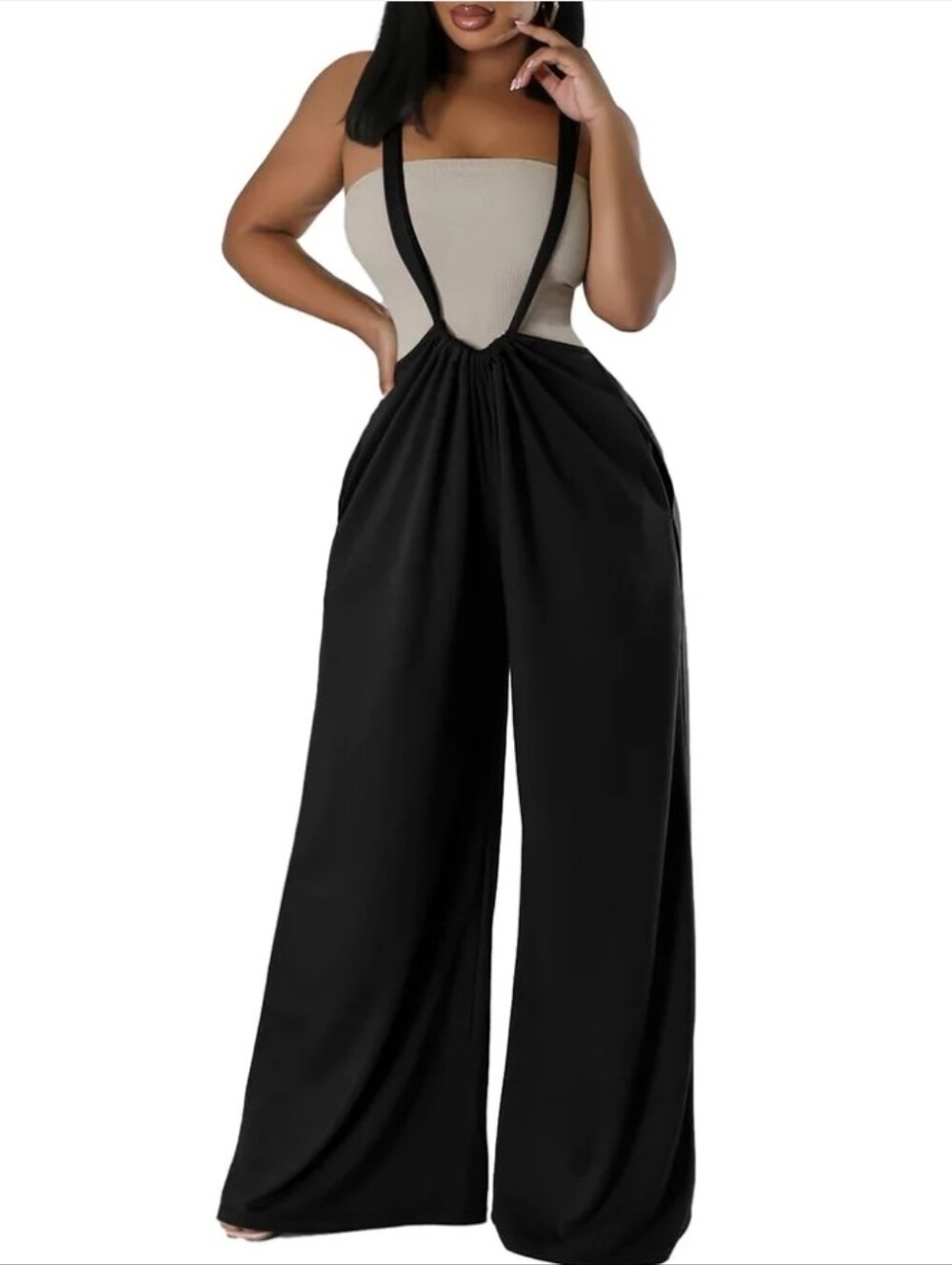 Wide Leg Suspender Jumpsuit - Black
